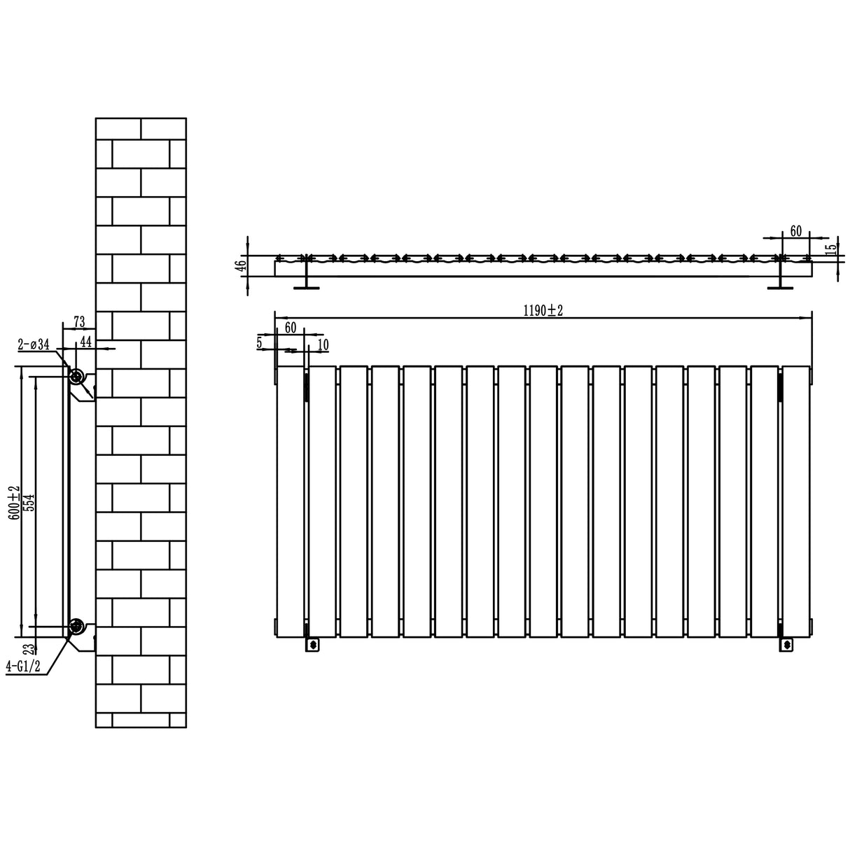 Flachheizkörper in Weiß, 600mm x 1190mm, mit vertikalen Lamellen und klaren Linien, ideal für moderne Innenräume und effiziente Wärmeverteilung