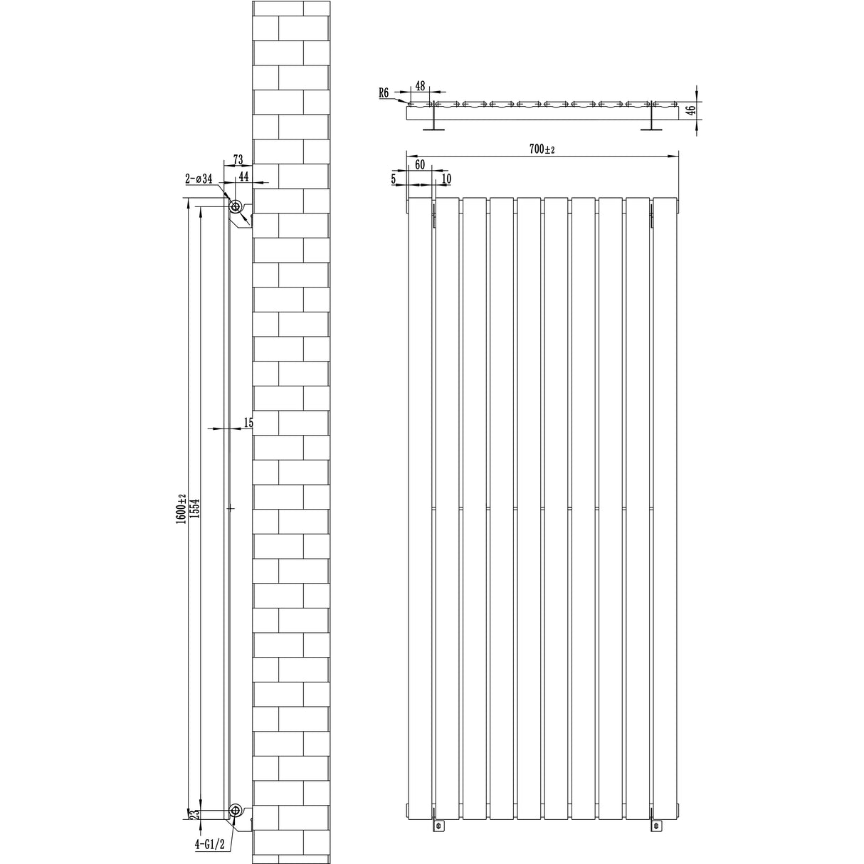 Flachheizkörper in Weiß, 1600mm x 700mm, mit vertikalen Lamellen, glatter Oberfläche und modernen, minimalistischen Design, ideal für jeden Raum