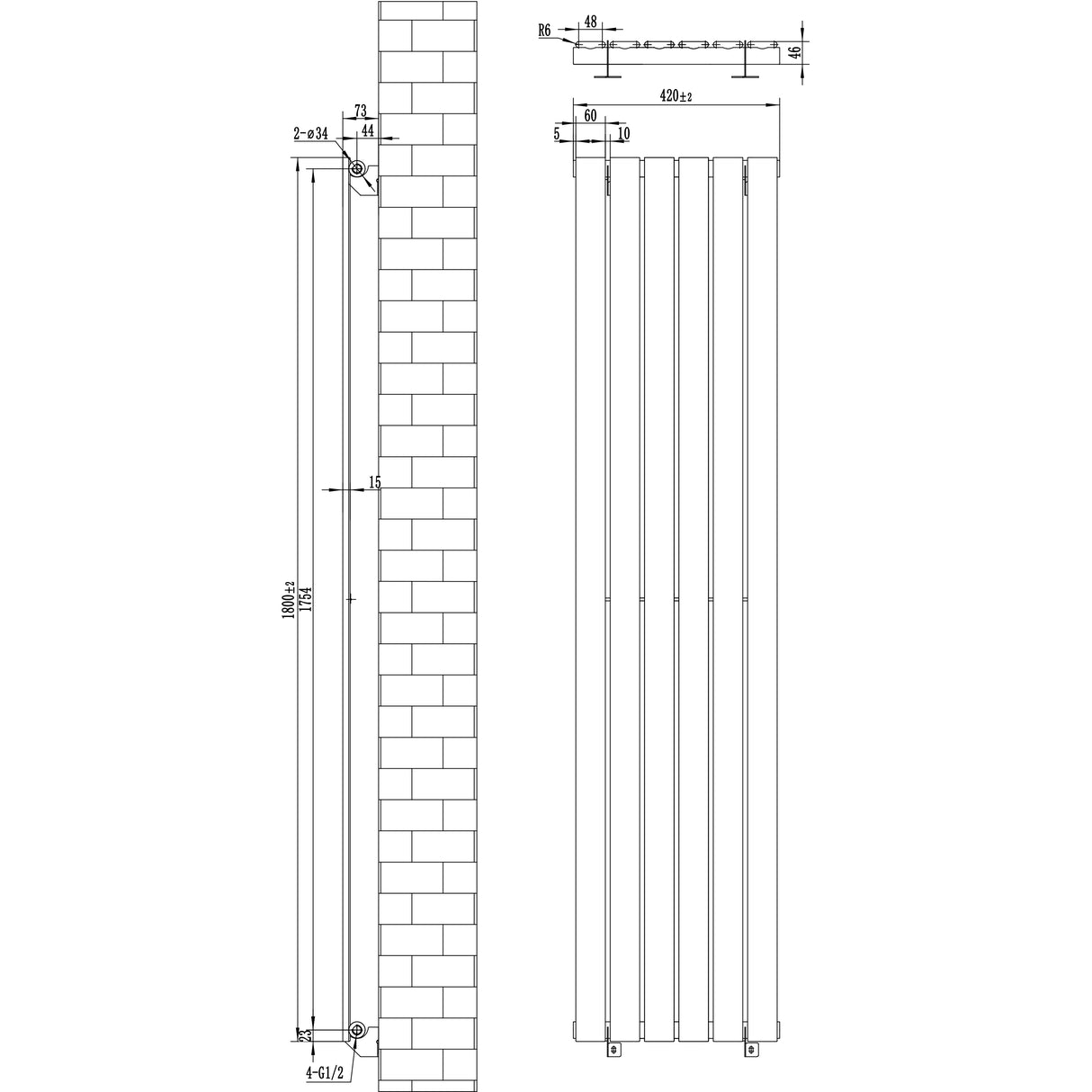 Flachheizkörper in Anthrazitgrau, 1800mm x 420mm, mit schlankem Design und vertikalen Lamellen, ideal für moderne Innenräume