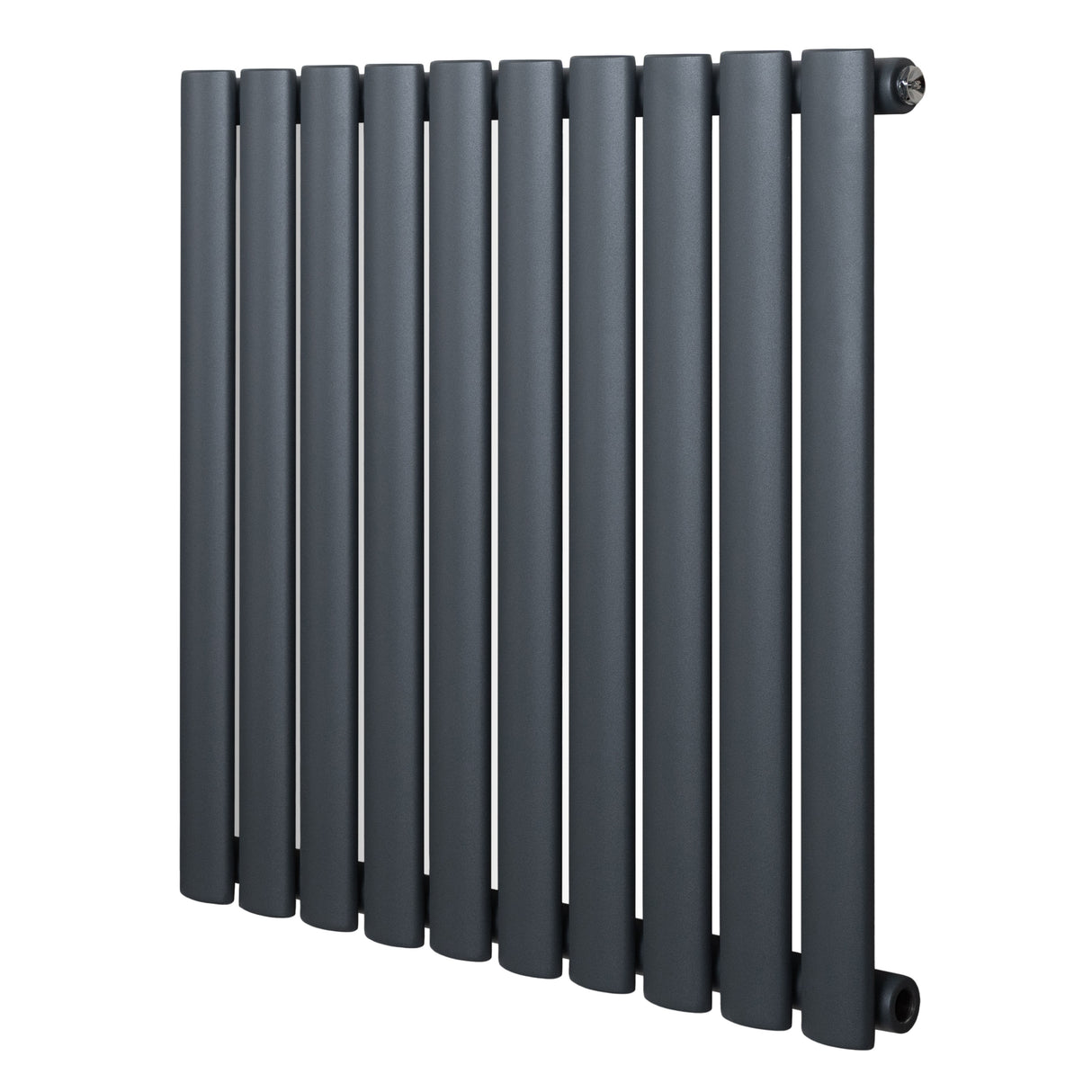 Gliederheizkörper in Anthrazitgrau, 600mm x 600mm, mit schlanken, runden Röhren und mattem Finish, ideal für moderne Innenräume