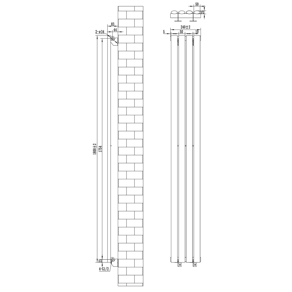 Schwarzer Gliederheizkörper mit den Maßen 1800mm x 240mm, schlankes Design, vertikale Anordnung, ideal für moderne Innenräume