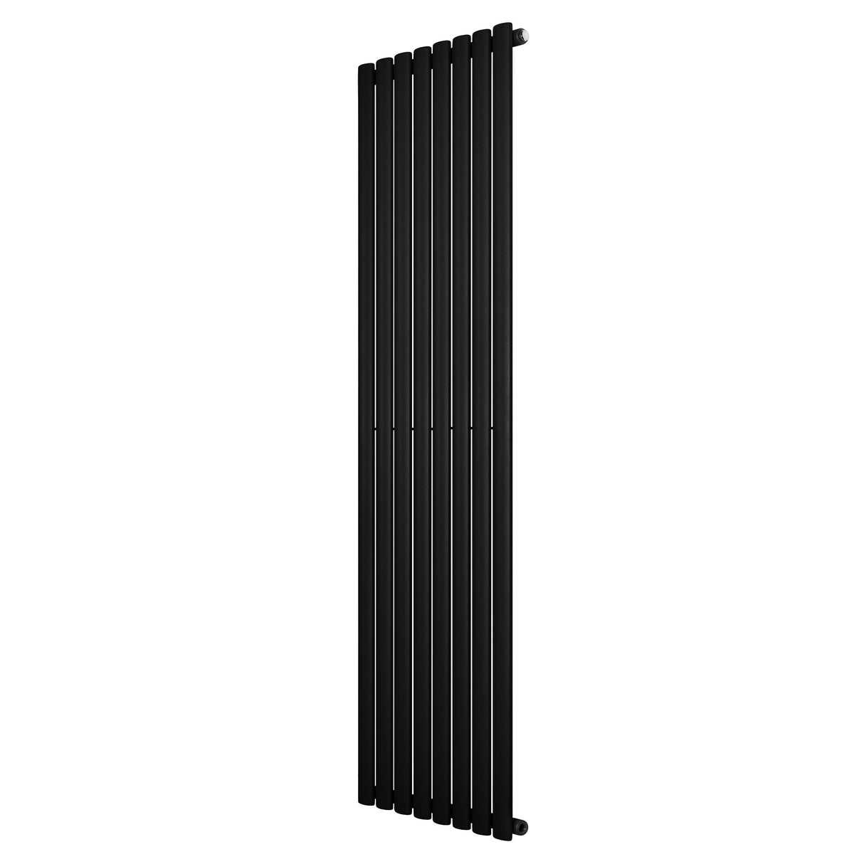 Schwarzer Gliederheizkörper mit einer Höhe von 1800 mm und einer Breite von 480 mm, schlankes Design mit glatten, vertikalen Lamellen und modernem Look