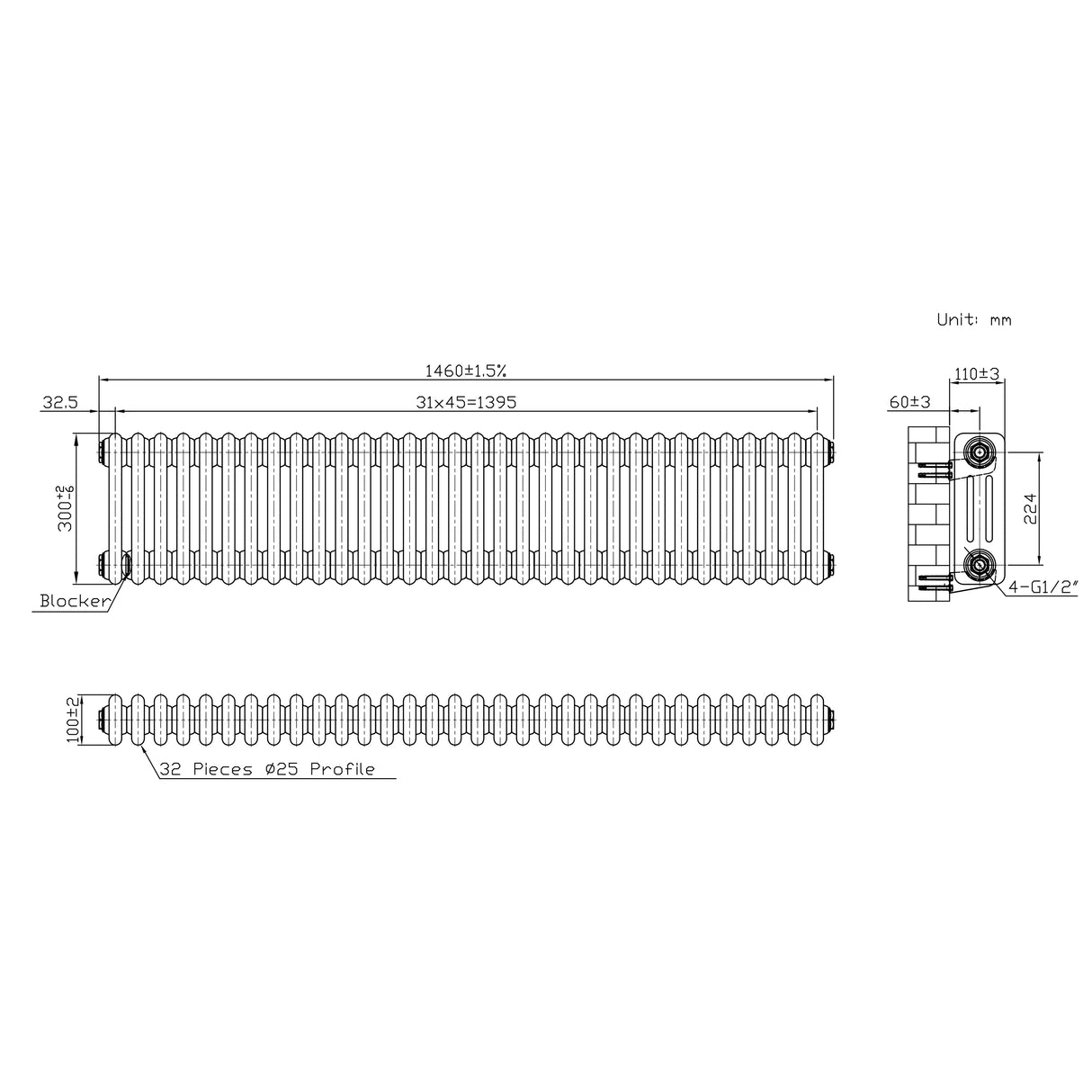 Klassischer 3-Säulen-Heizkörper – 300 x 1460 mm