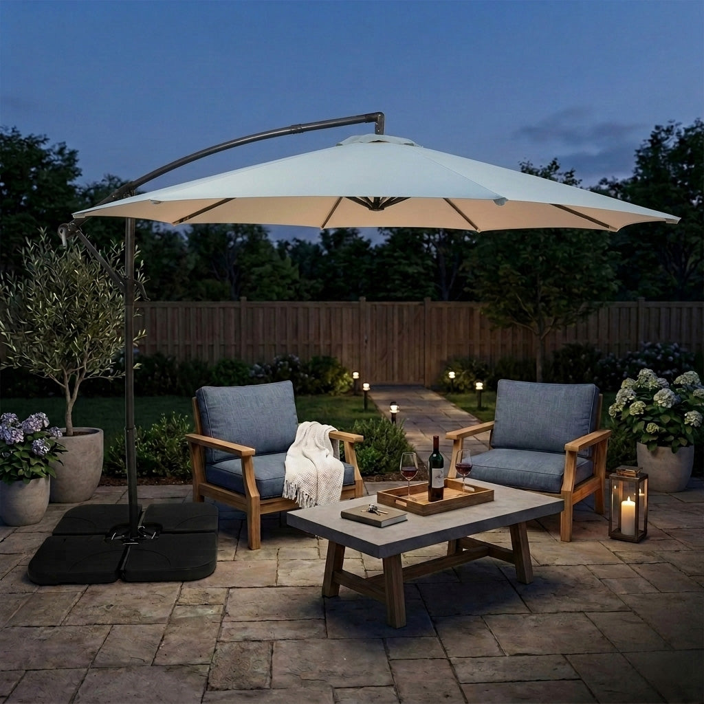 Ausleger-Sonnenschirm 3m mit Quadratischem Beschwerungsfuß – Creme