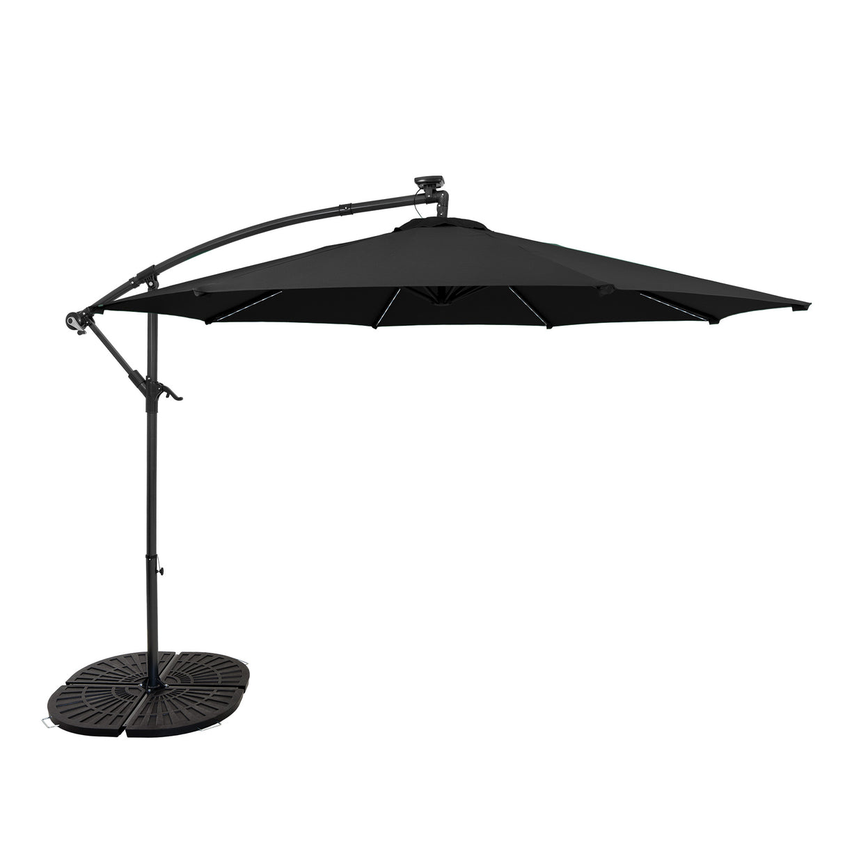 LED Ausleger-Sonnenschirm 3m mit Beschwerungsfuß - Schwarz