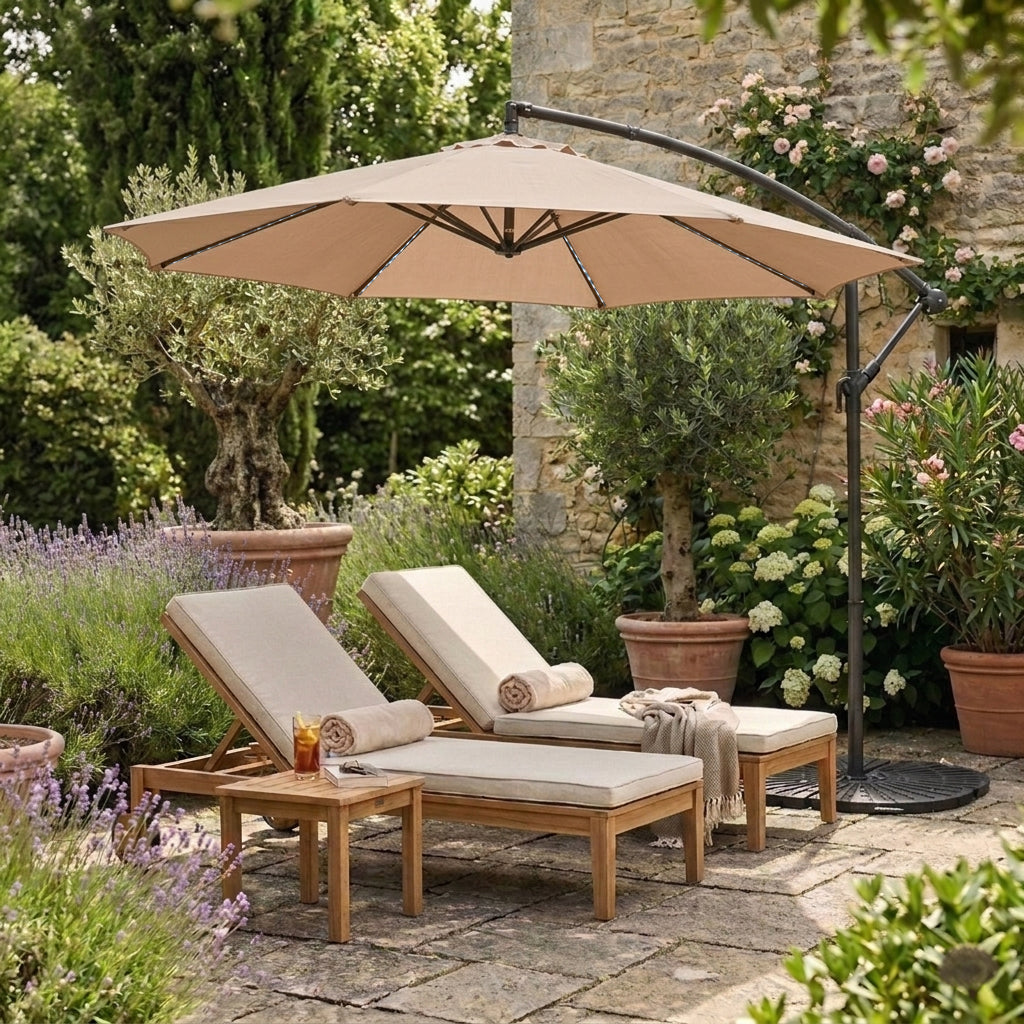 LED Ausleger-Sonnenschirm 3m mit Beschwerungsfuß - Beige