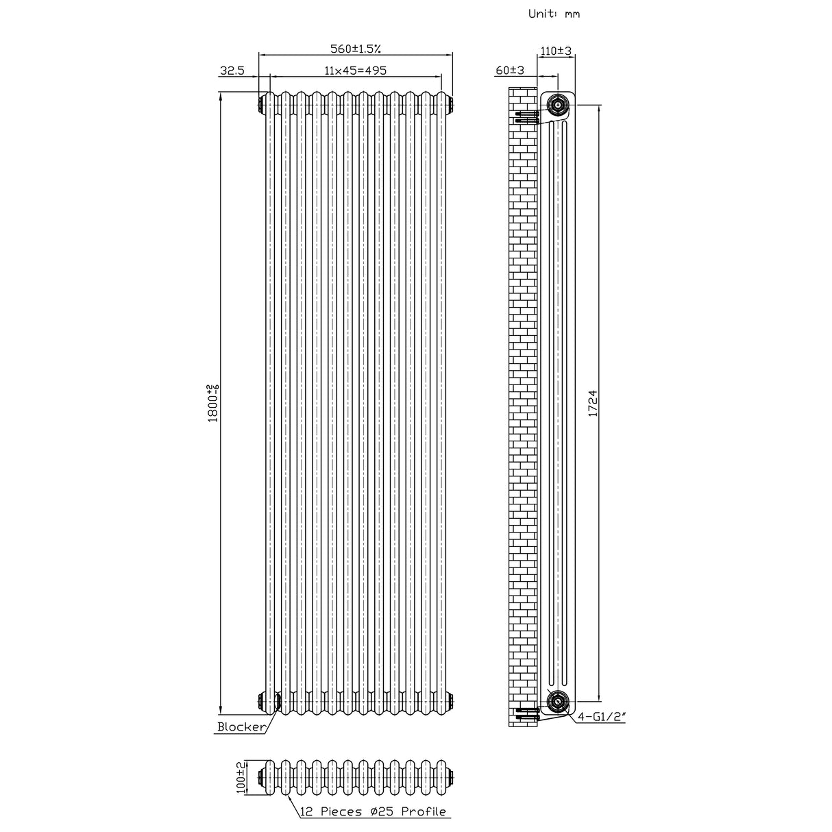 Klassischer 3-Säulen-Heizkörper mit TRV – 1800 x 560 mm - Rohmetall