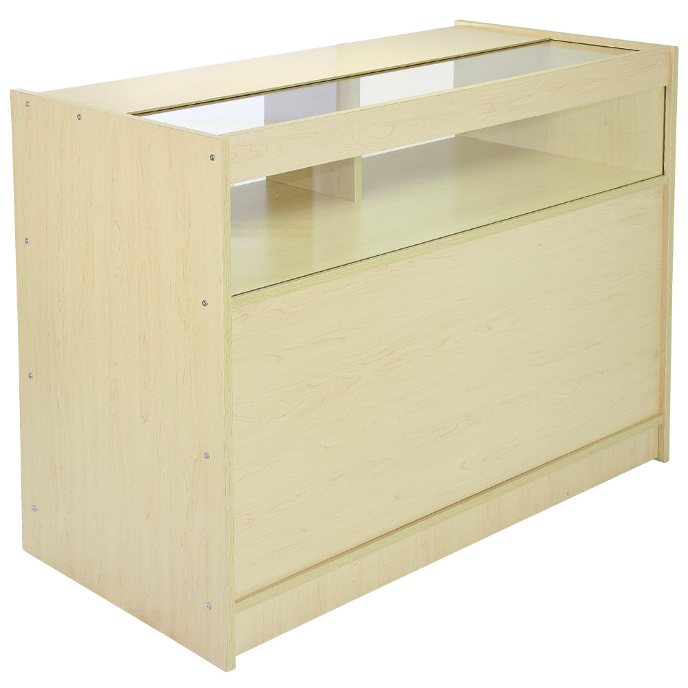 Heller Holz-Zähltisch mit gläserner Oberseite, bietet Stauraum und eine moderne, schlichte Ästhetik, ideal für Verkaufsräume und Ausstellungen