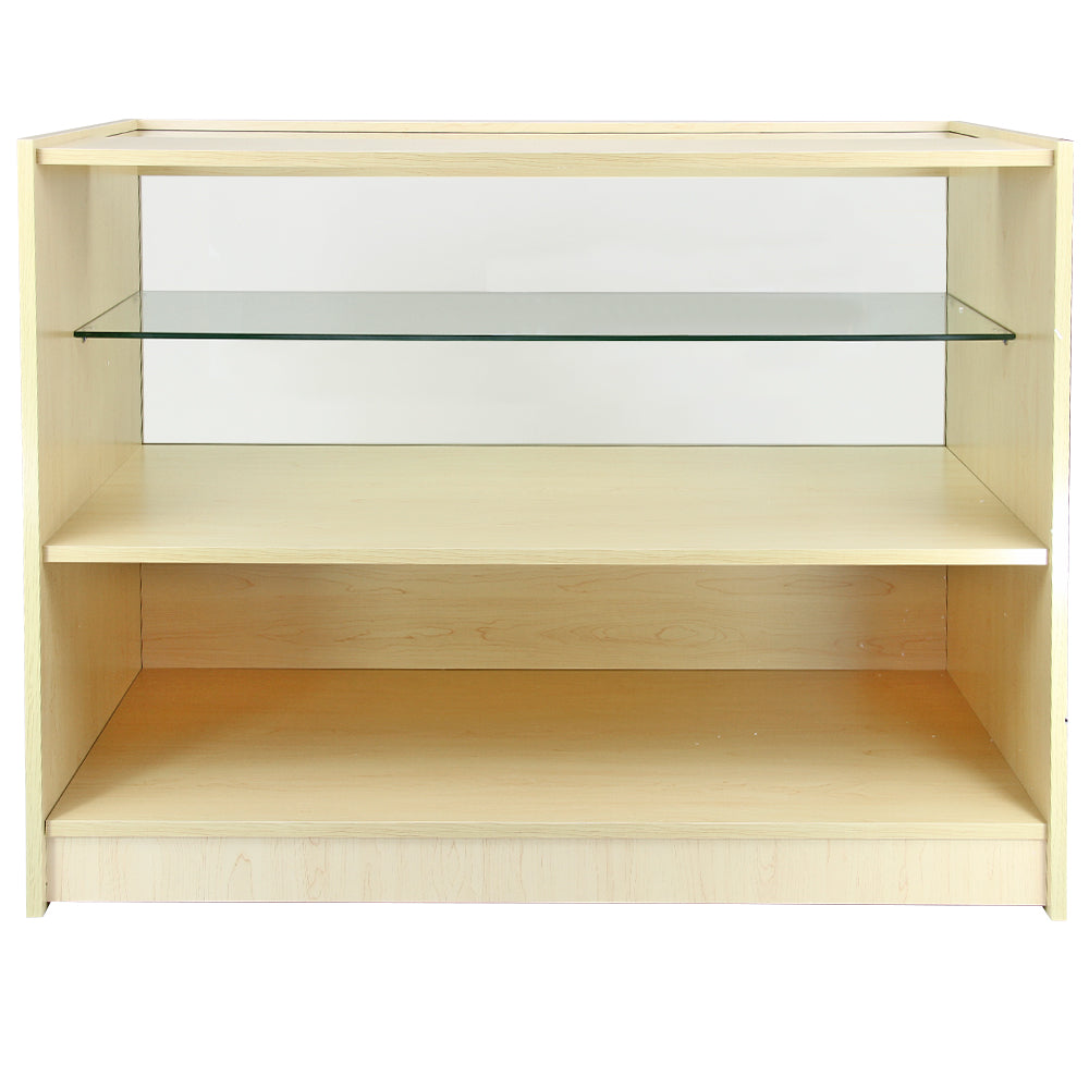Holzregal in hellem, natürlichem Finish mit zwei offenen Regalböden und einer transparenten Glasablage, ideal für die Präsentation von Produkten