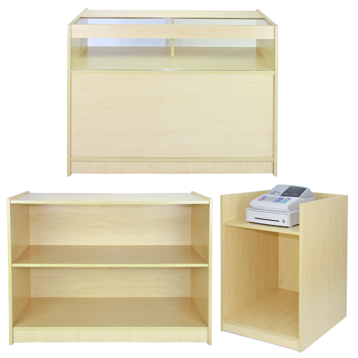 Holzfarbener Verkaufsstand mit Glasoberfläche, zwei offenen Regalen und einem integrierten Kassenbereich, ideal für Einzelhandelsgeschäfte und Ausstellungen