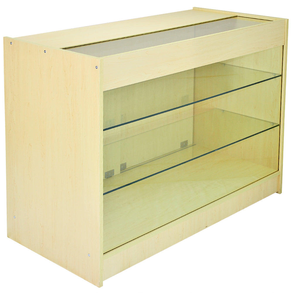 Kometenzähler-Set in hellem Holz mit transparenten Glasregalen, ideal für die Präsentation von Produkten in einem modernen Verkaufsraum