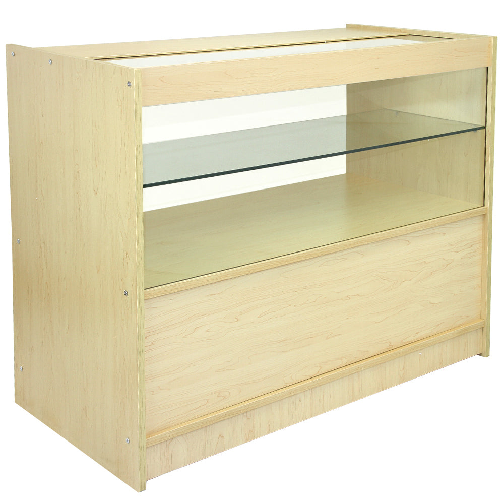 Holzfarbener Kosmos-Zähler mit gläsernem Regal und Schublade, ideal für die Präsentation von Produkten in einem modernen Verkaufsraum