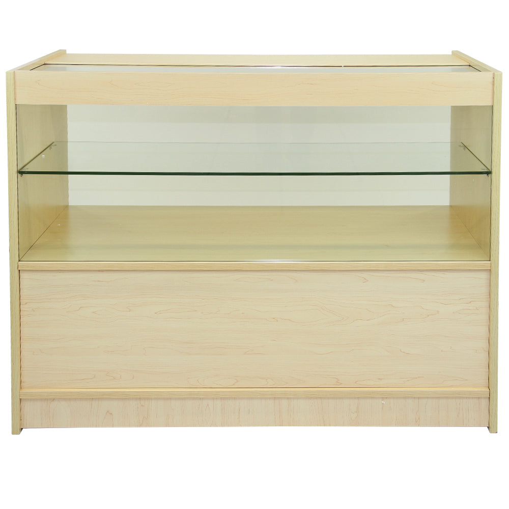 Verkaufstheke aus hellem Ahornholz mit Glasregalen, modernem Design und glatter Oberfläche, ideal für Empfangsbereiche oder Geschäfte