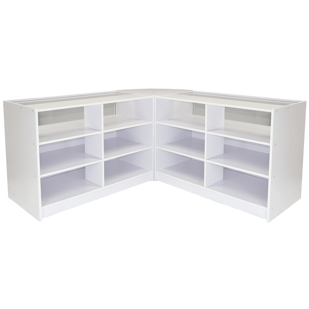 Eckiges Verkaufsdisplay-Set in strahlendem Weiß, mit mehreren offenen Regalen und glatten Oberflächen für eine moderne Präsentation von Produkten