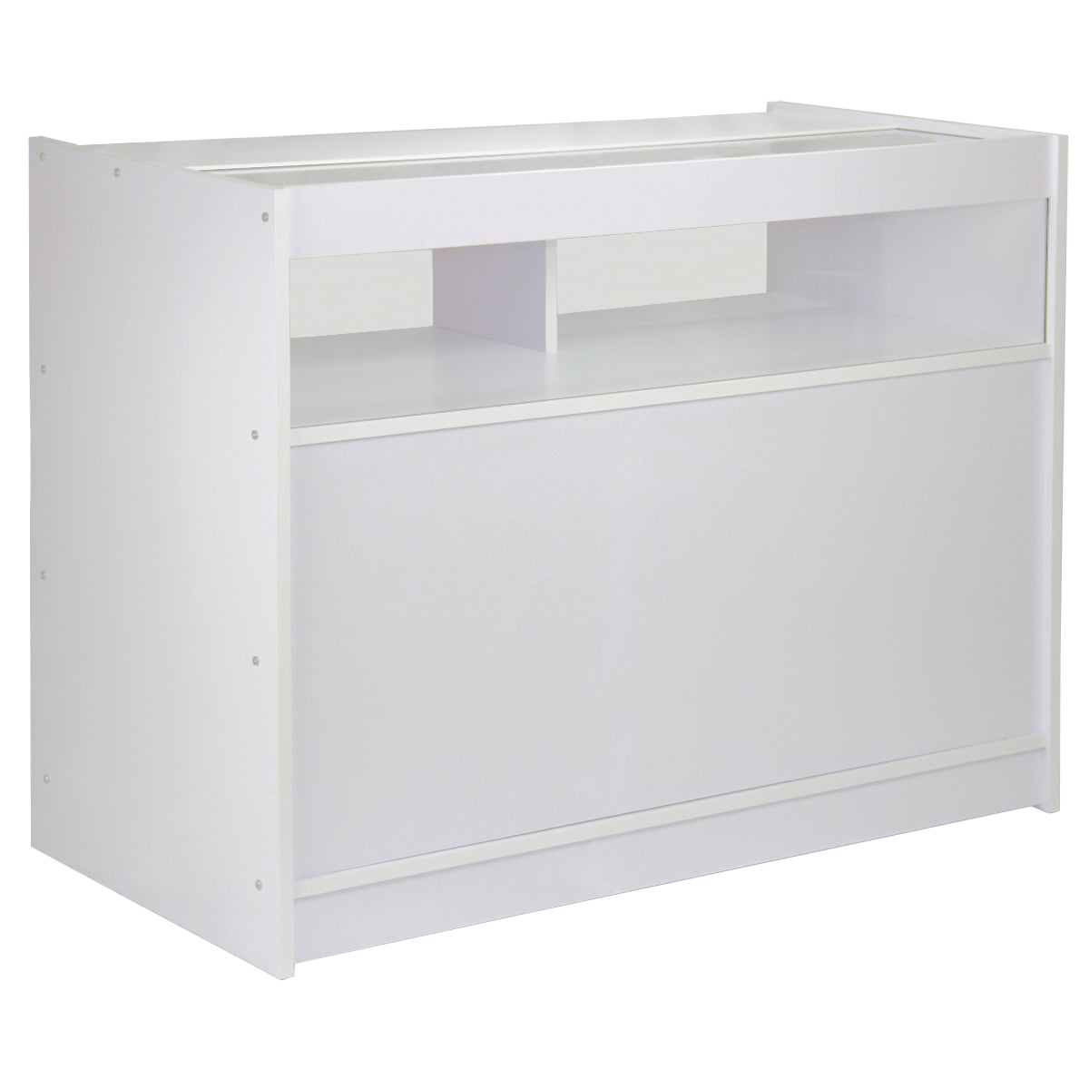 Weißes Ladentheken- und Verkaufsdisplay-Set aus robustem Material mit glatter Oberfläche, ideal für Verkaufsräume und Ausstellungen