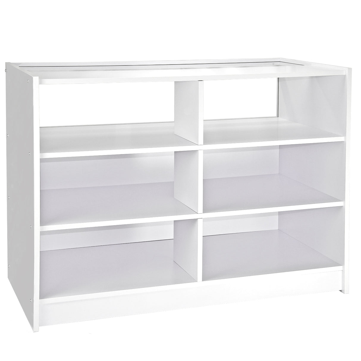 Weißes Ladentheken- und Verkaufsdisplay-Set mit mehreren offenen Regalen, glatter Oberfläche und modernem, minimalistischen Design, ideal für Verkaufsräume