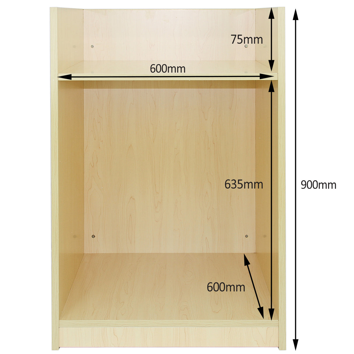Kassenblock TB60 aus hellem Ahornholz, mit zwei Regalen, Innenmaße 600mm Breite, 900mm Höhe, 635mm Tiefe, glatte Oberfläche und klare Linien