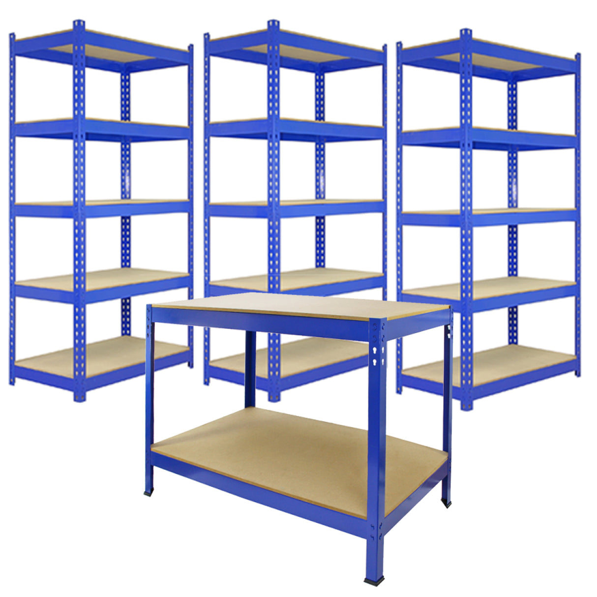 Drei blaue Metallregaleinheiten mit sechs Regalböden und eine stabile Werkbank aus Holz, ideal für Werkstätten und Lagerung