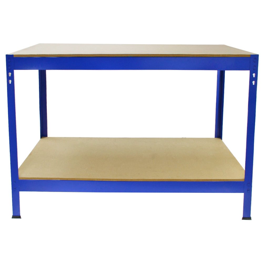 Blaue Metallregaleinheit mit zwei stabilen Ablagen aus Holz, ideal für Werkstätten oder Lager, robust und funktional, Maße 90 cm x 90 cm