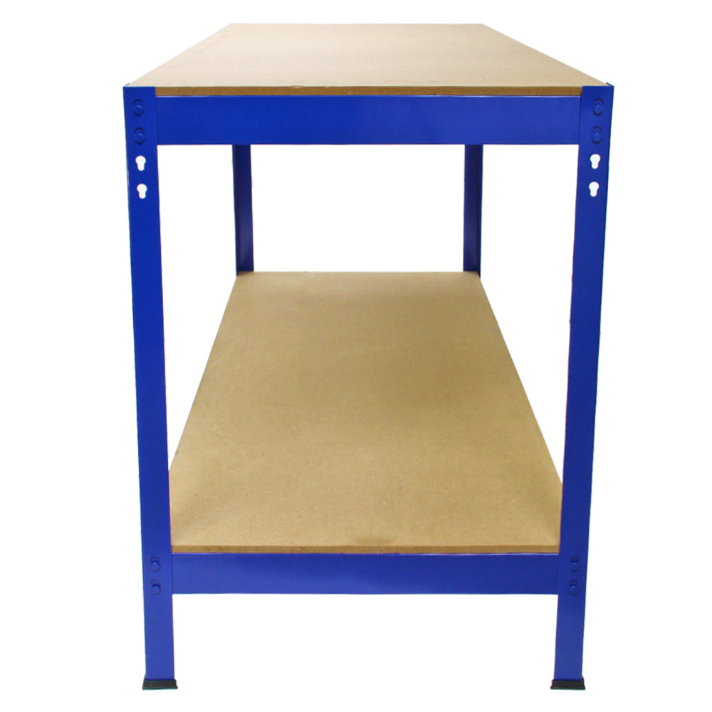 Blaue Metallregaleinheit mit zwei stabilen Regalböden aus MDF, ideal für Werkstätten oder Lagerräume, robust und funktional