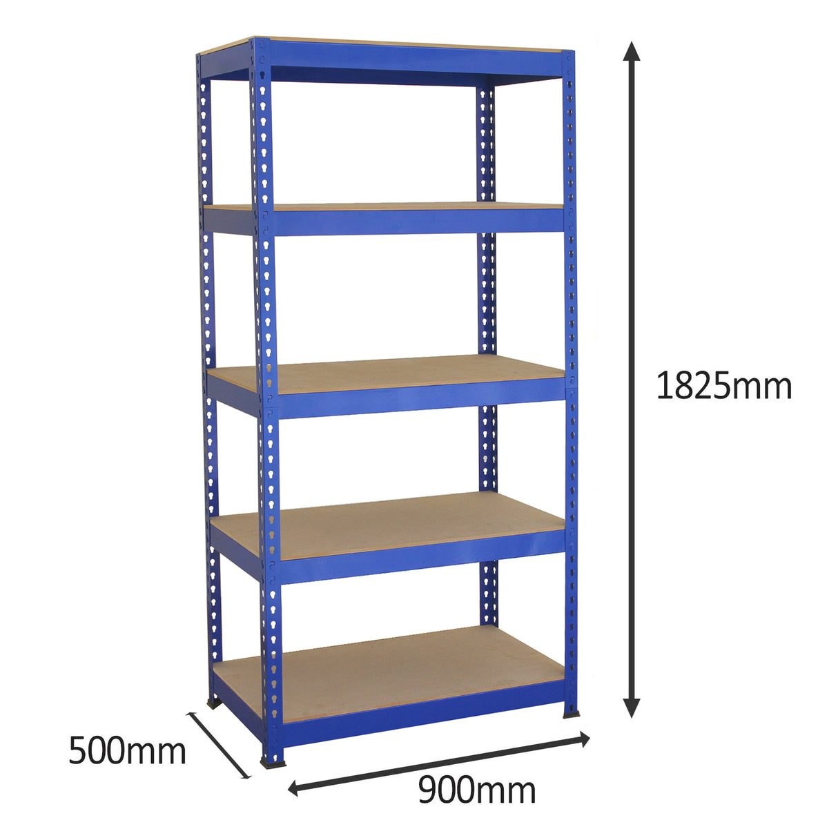 Blaue Metallregale mit fünf stabilen Regalböden, Maße 90 x 50 x 180 cm, ideal für Lagerung und Organisation in Werkstätten oder Garagen
