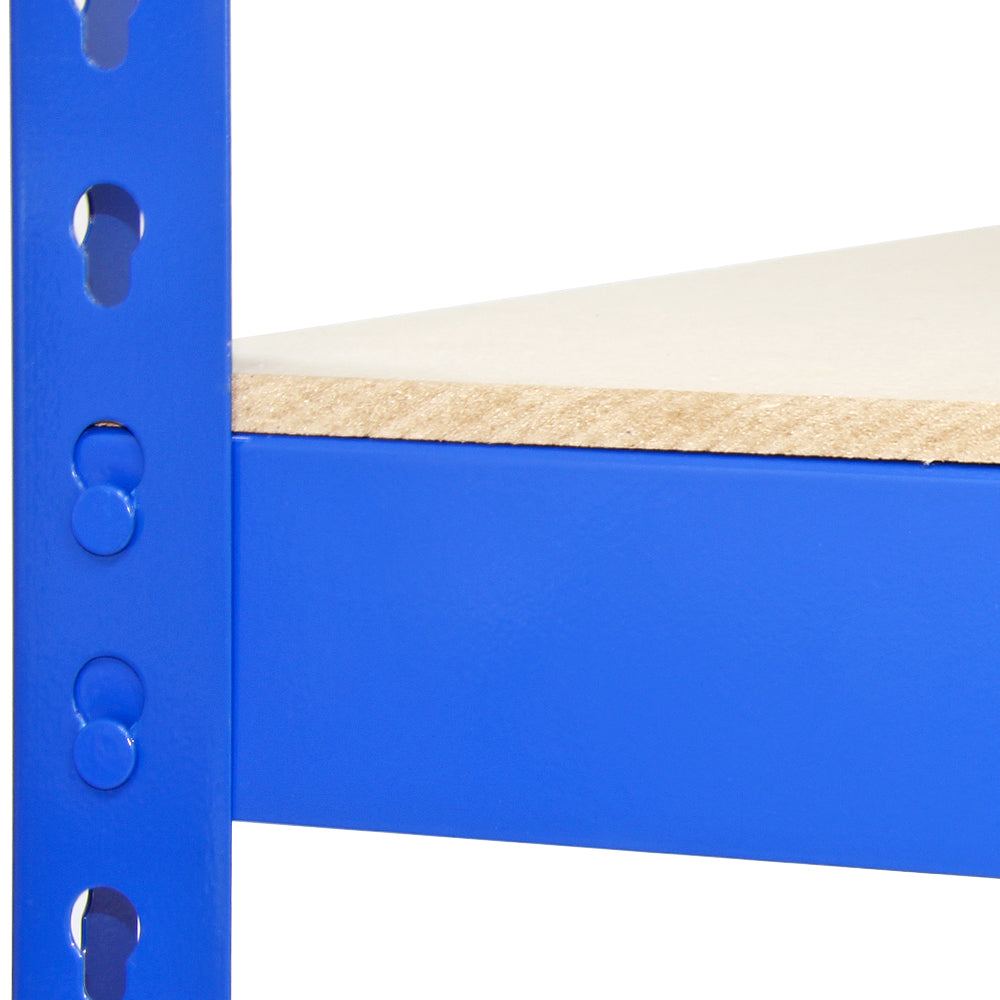 Blaue Metallregale mit stabilen Regalböden aus Holz, ideal für Lagerung und Organisation, Maße 90 x 50 x 180 cm, robust und langlebig