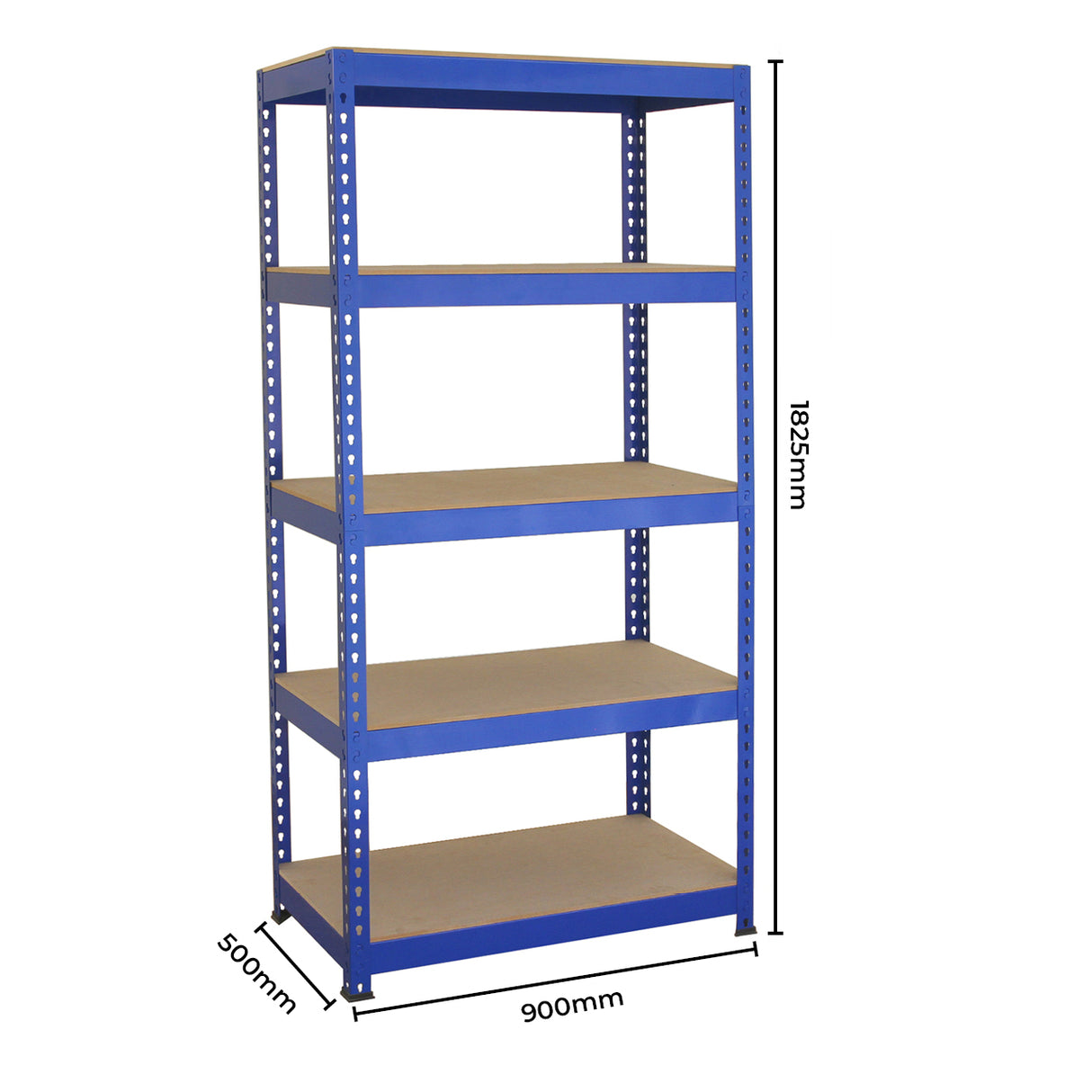 Blaue Metallregaleinheit mit fünf stabilen Regalböden, Maße 120 cm x 90 cm, ideal für Lagerung und Organisation, robust und langlebig