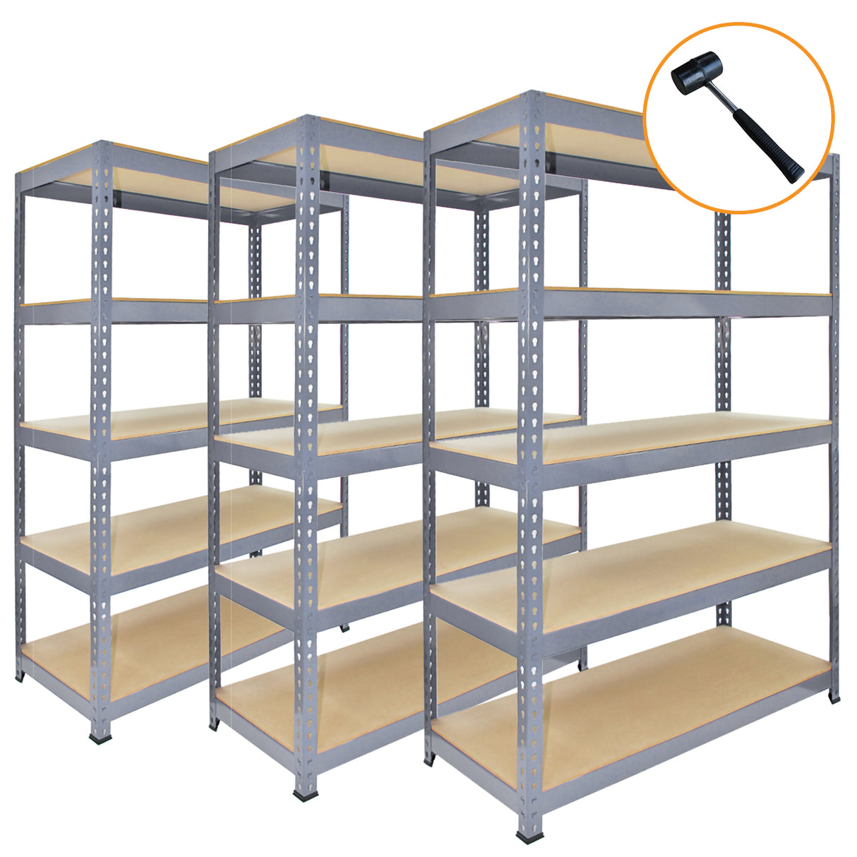 Drei graue Metallregale mit einer Größe von 120 x 50 x 180 cm, stabil und vielseitig, ideal für Lagerung und Organisation, mit robusten Holzregalen