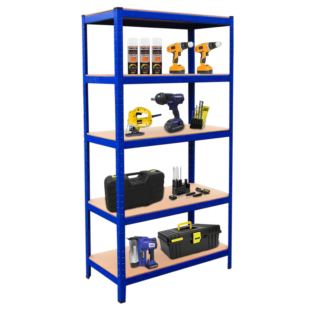 4x T-Rax Lagerregal 90cm Blau & Q-Rax Werkbank 120cm Blau im Set