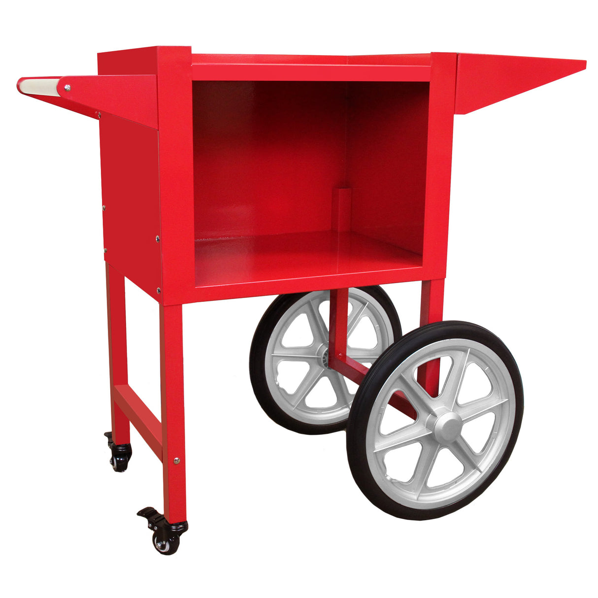 Roter Popcornmaschinenwagen mit zwei großen, grauen Rädern, offener Ablagefläche und robustem, glänzendem Metallrahmen für eine nostalgische Atmosphäre