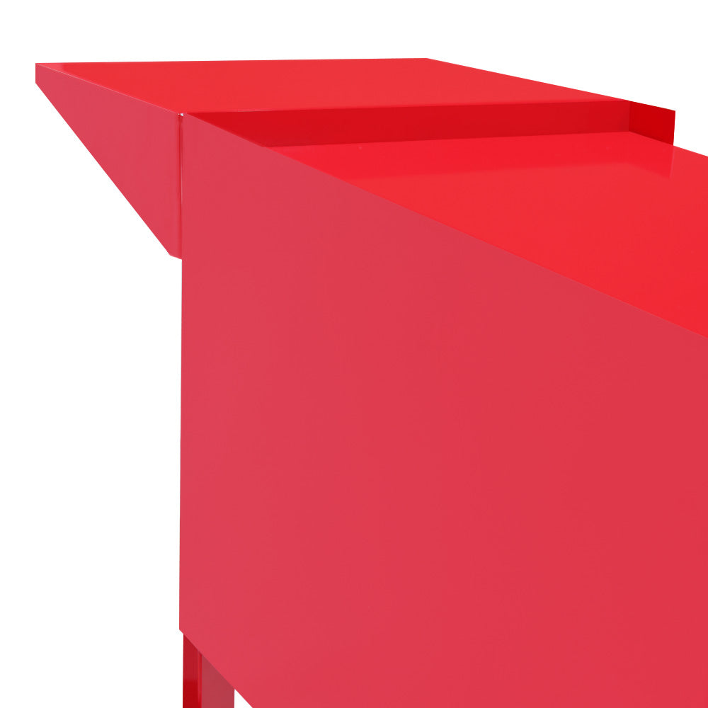 Roter KuKoo Popcornmaschinenwagen mit glatter, glänzender Oberfläche und schrägem Ablagebereich, ideal für Veranstaltungen und Partys