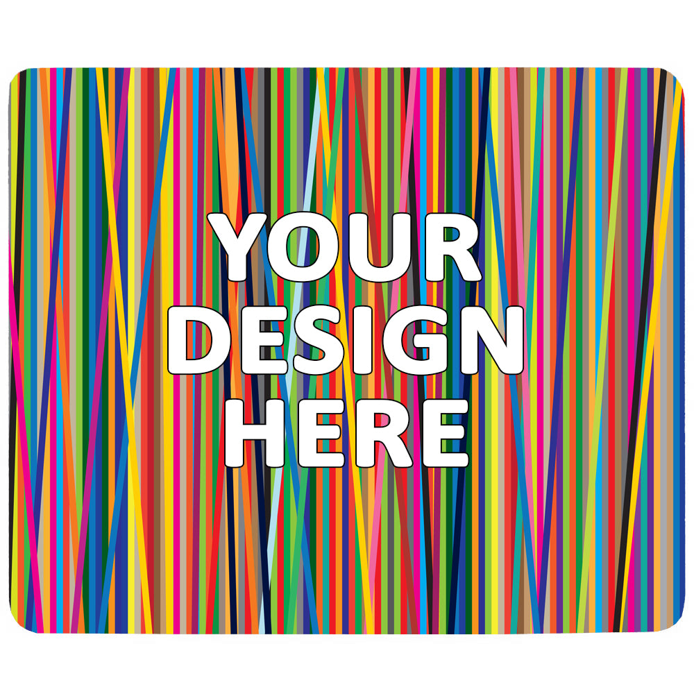Bunt gestreiftes Sublimations-Mauspad mit leuchtenden Farben und dem Text "YOUR DESIGN HERE" in großer, weißer Schrift