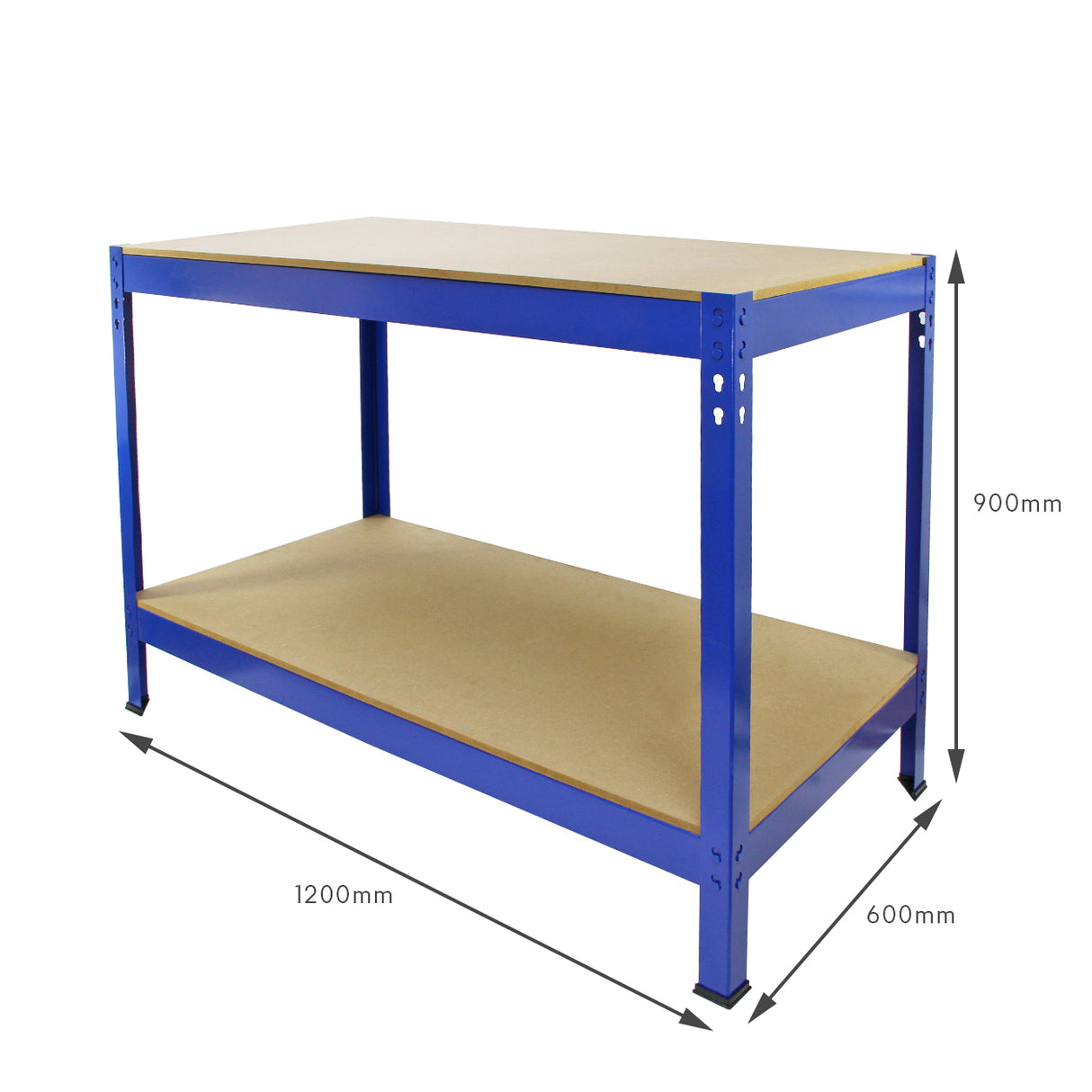 Blaues Q-rax-Werkbank-Bundle mit zwei stabilen Regalen, aus robustem Metall und MDF, ideal für Werkstätten und Bastelprojekte, Maße 1200mm x 600mm x 900mm