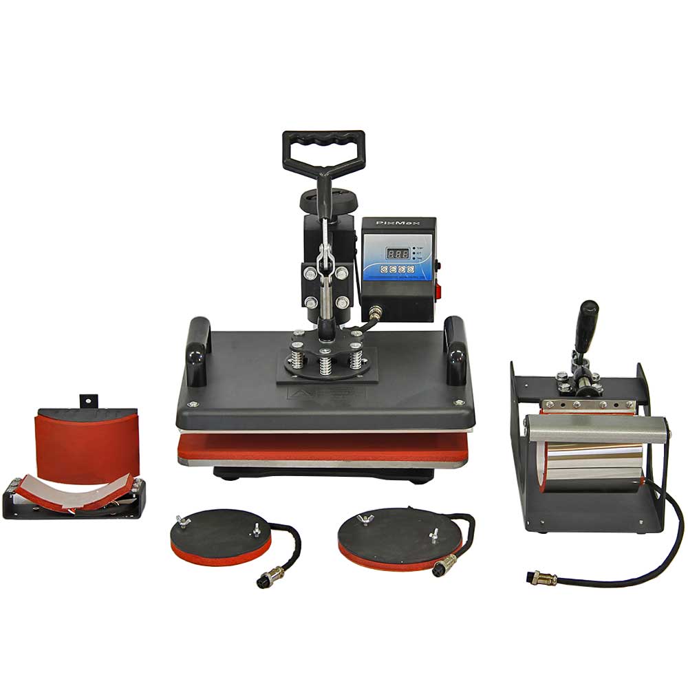 Vielseitiges 5-in-1-Vinylschneider-Kombigerät in Schwarz und Rot, mit verschiedenen Druckplatten und digitalem Display für präzise Ergebnisse