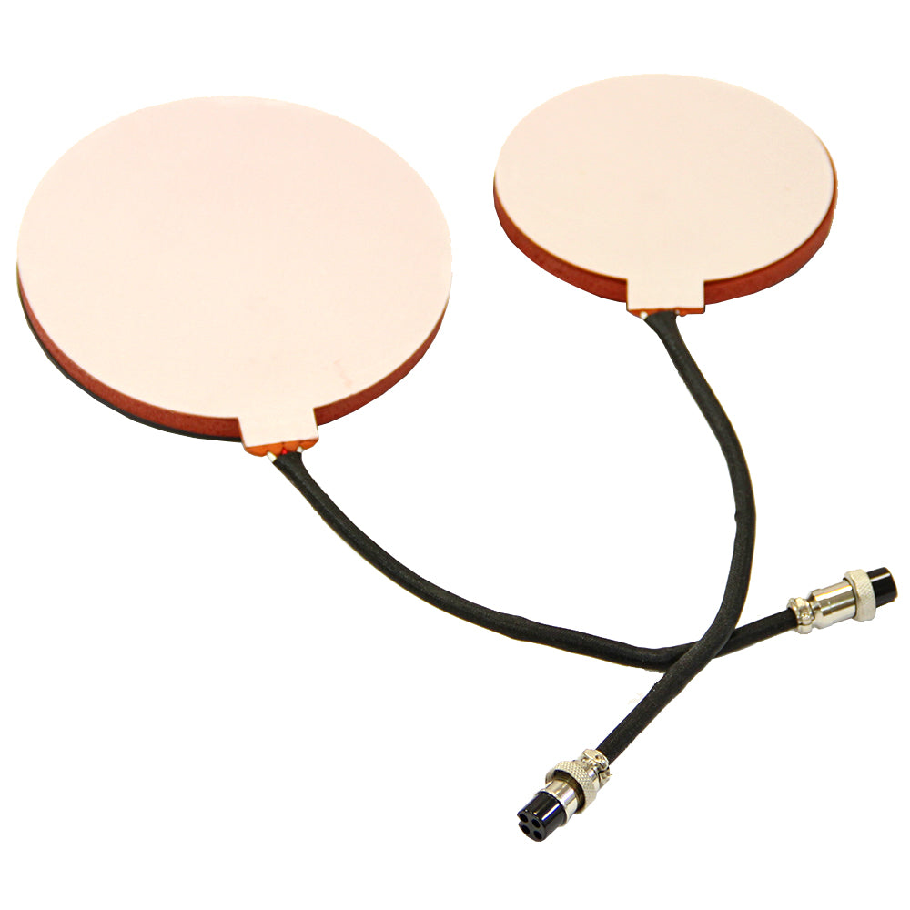 Zwei runde, kupferfarbene Vinylschneiderplatten mit flexiblen Kabeln, ideal für präzises Schneiden und vielseitige Anwendungen im Druckbereich