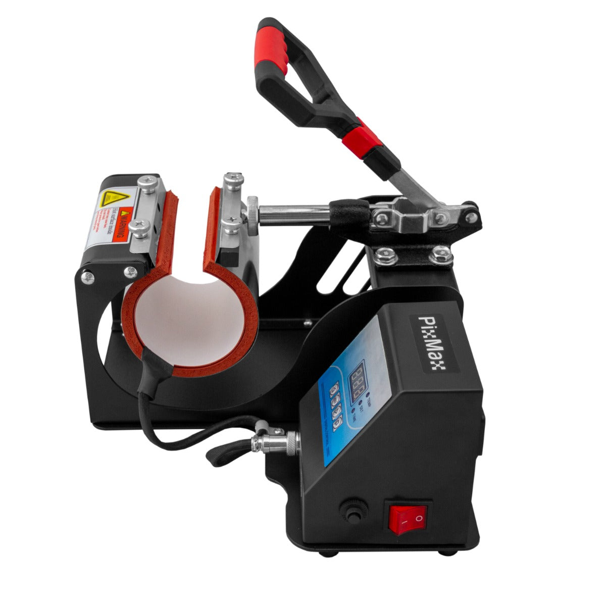 Die PixMax Tassenpresse ist eine kompakte Transferpresse mit rotem Griff, schwarzem Gehäuse und digitalem Display für präzise Einstellungen