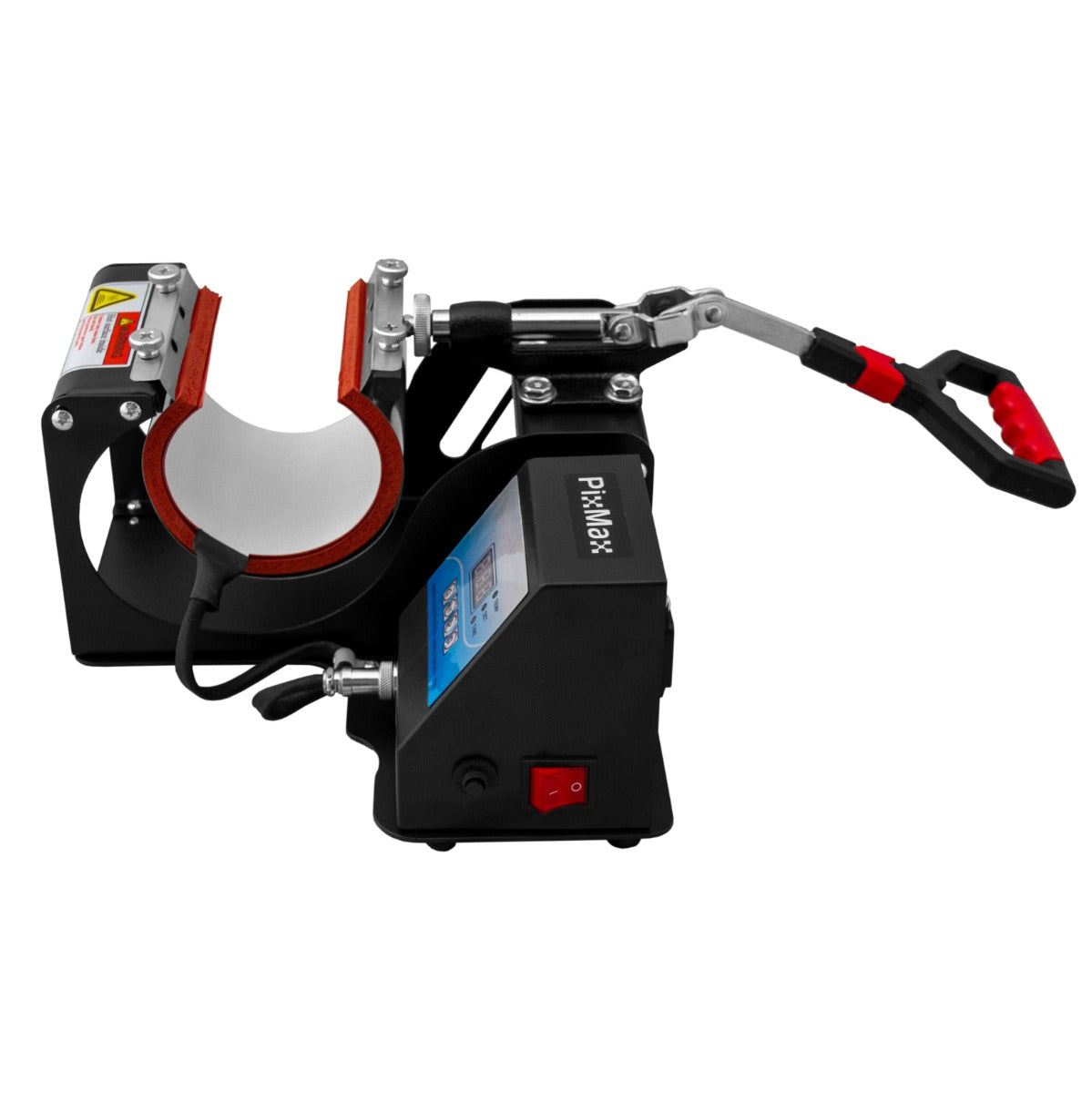 Die PixMax Tassenpresse ist eine kompakte Transferpresse mit rotem Griff, schwarzem Gehäuse und einem weißen, runden Druckbereich für Tassen