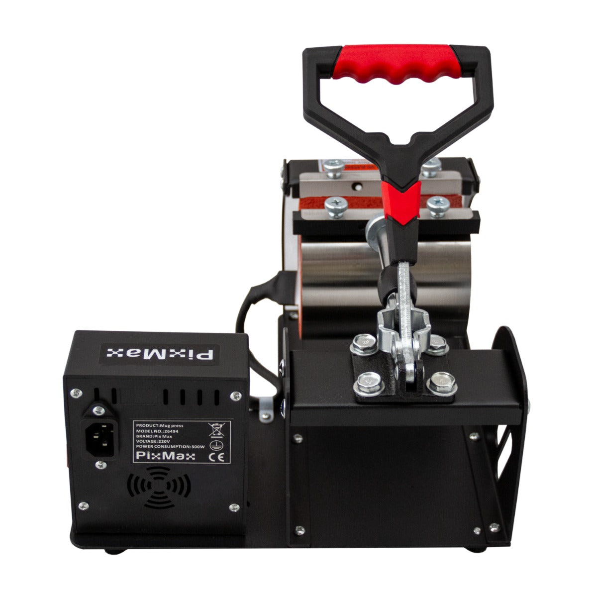 Kompakte PixMax Tassenpresse mit rotem Griff, stabiler Metallbasis und präzisen Heizplatten für das Transferieren von Designs auf Tassen