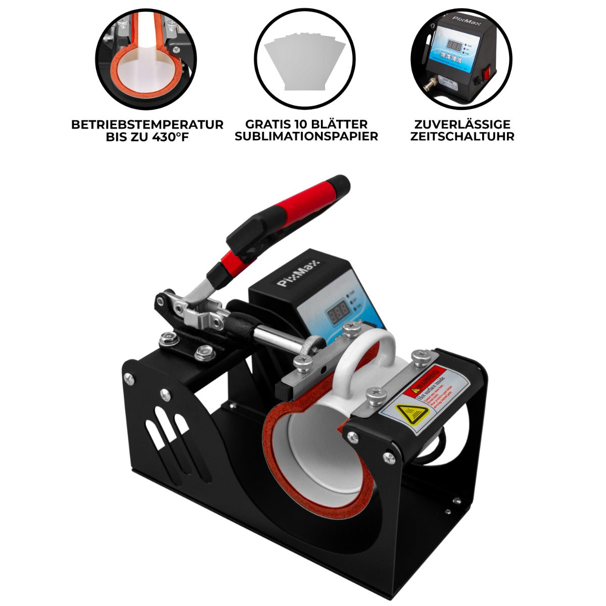 Die PixMax Tassenpresse ist eine kompakte, schwarze Transferpresse mit rotem Griff, LCD-Display und einem stabilen Gehäuse für präzise Sublimationsergebnisse