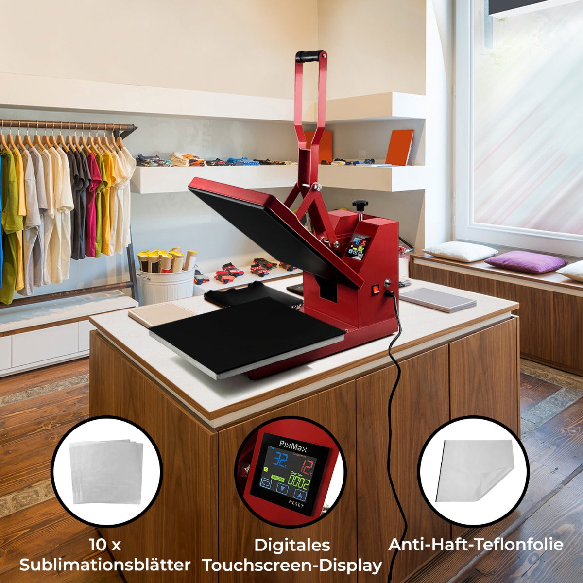 PixMax Transferpresse 38 x 38cm, PTFE-Matte & Sublimationspapier