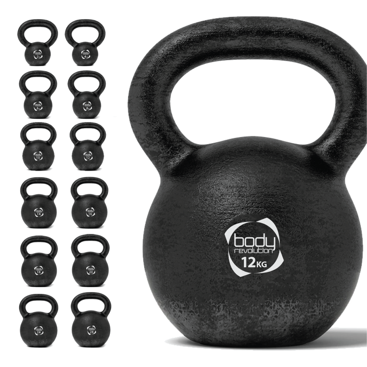 Schwarze Kettlebell aus Gusseisen mit 12 kg, runde Form, strukturierte Oberfläche und breiter Griff für sicheren Halt während des Trainings