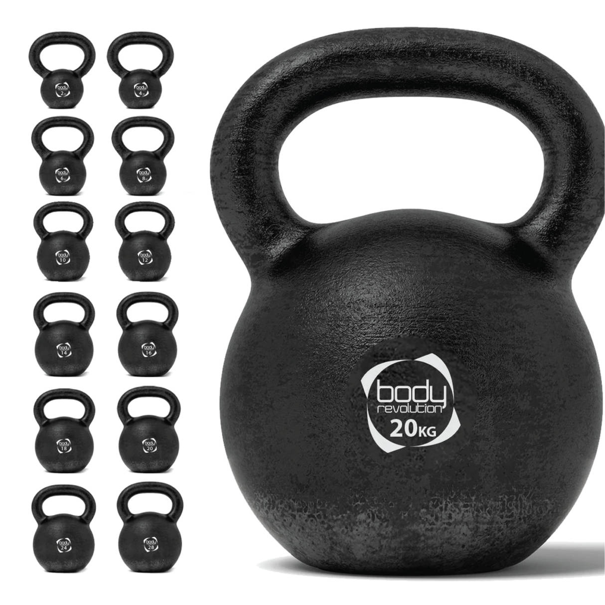 Schwarze Gusseisen-Kettlebell mit 20 kg, runde Form, strukturierte Oberfläche und stabiler Griff für effektives Krafttraining