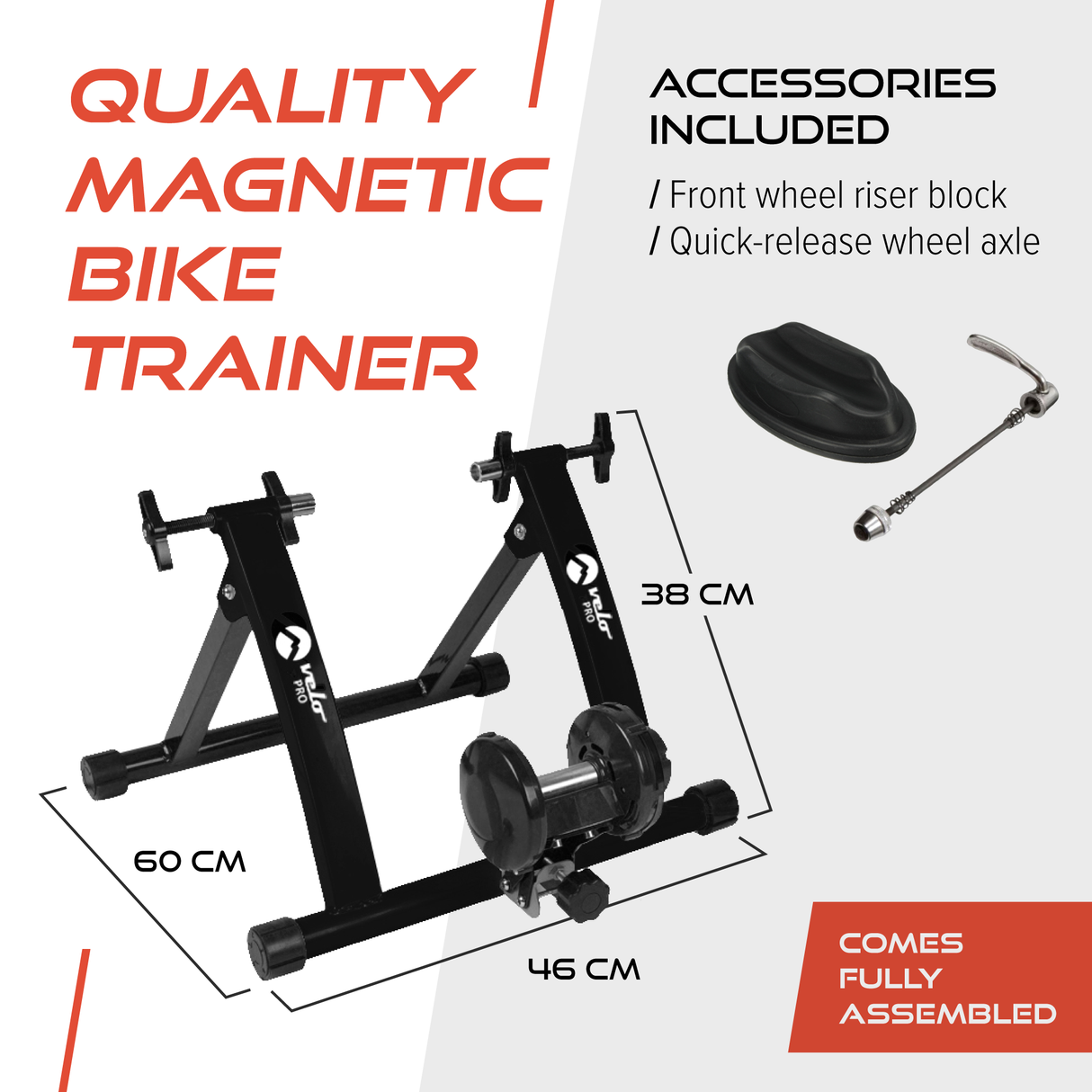 Roter magnetischer Rollentrainer mit stabiler schwarzer Basis, 38 cm hoch, 60 cm lang, inklusive Zubehör wie Frontblock und Schnellspanner