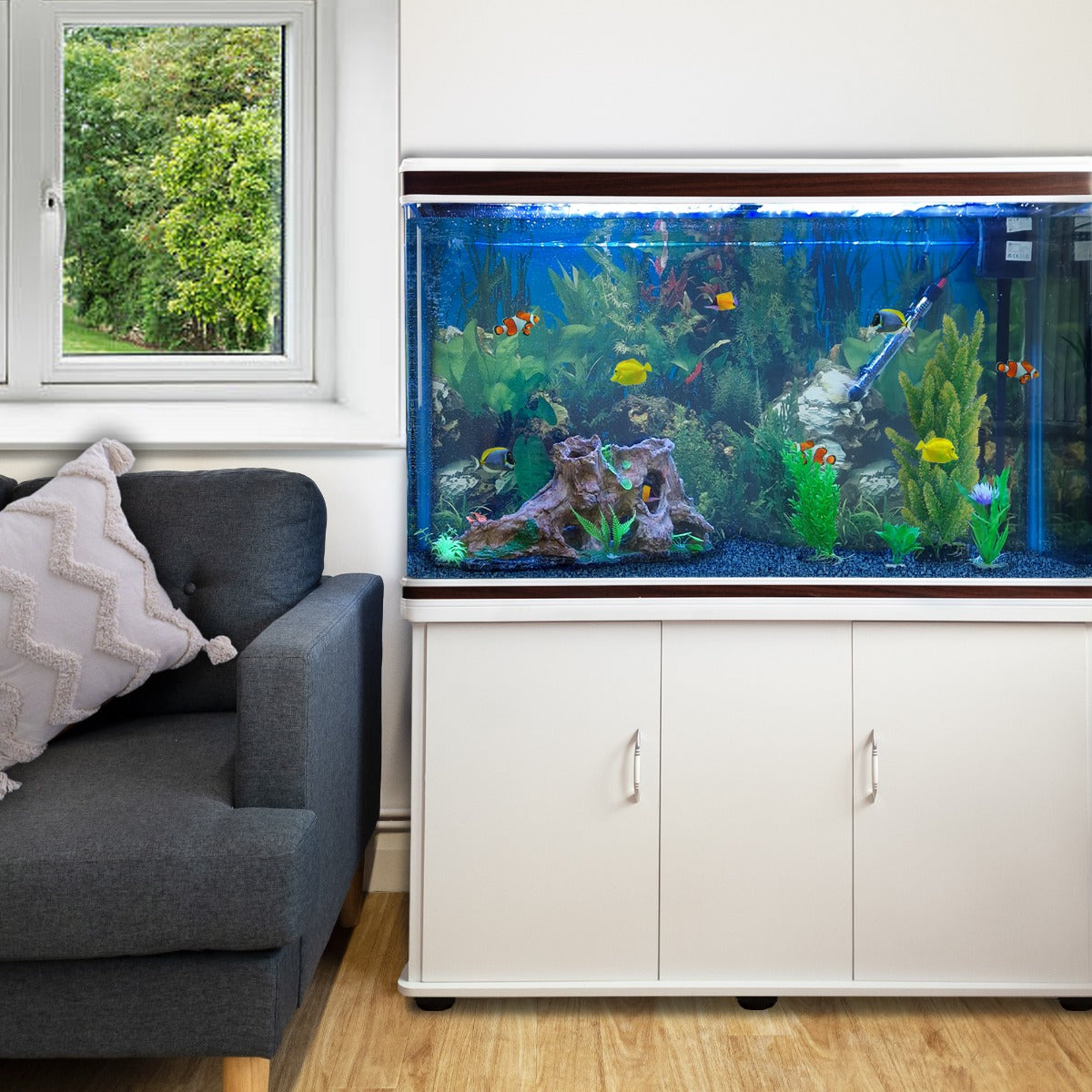 300L Aquarium Komplettset mit Unterschrank & blauer Kies