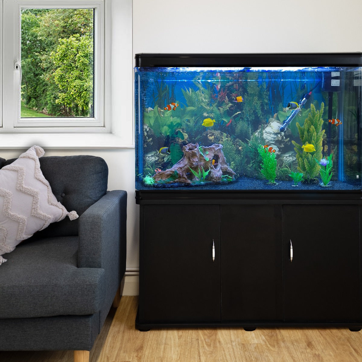 300L Komplettset Aquarium - Schwarz mit Kies-Blau
