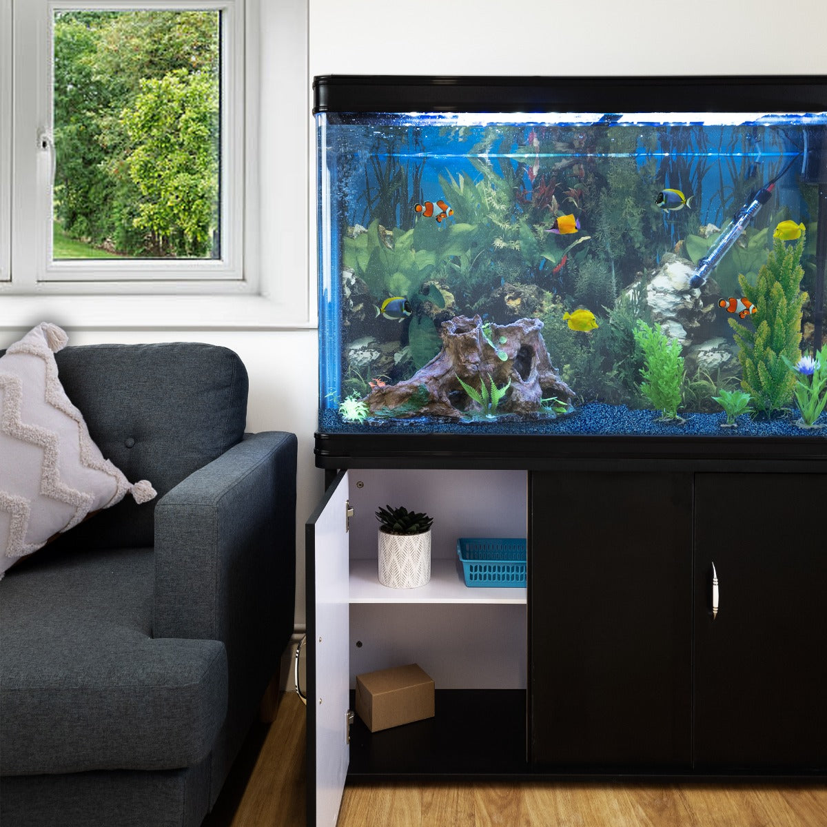 300L Komplettset Aquarium - Schwarz mit Kies-Blau