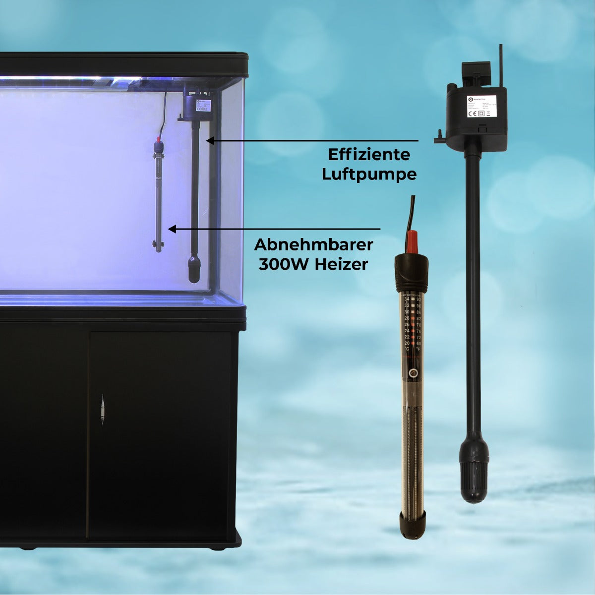 300L Komplettset Aquarium - Schwarz mit Kies-Blau