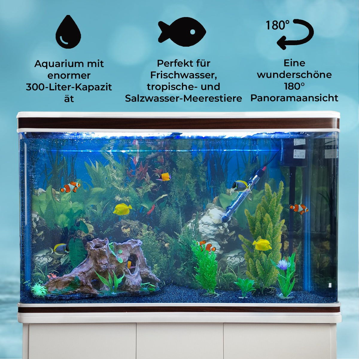 300L Aquarium Komplettset mit Unterschrank & blauer Kies