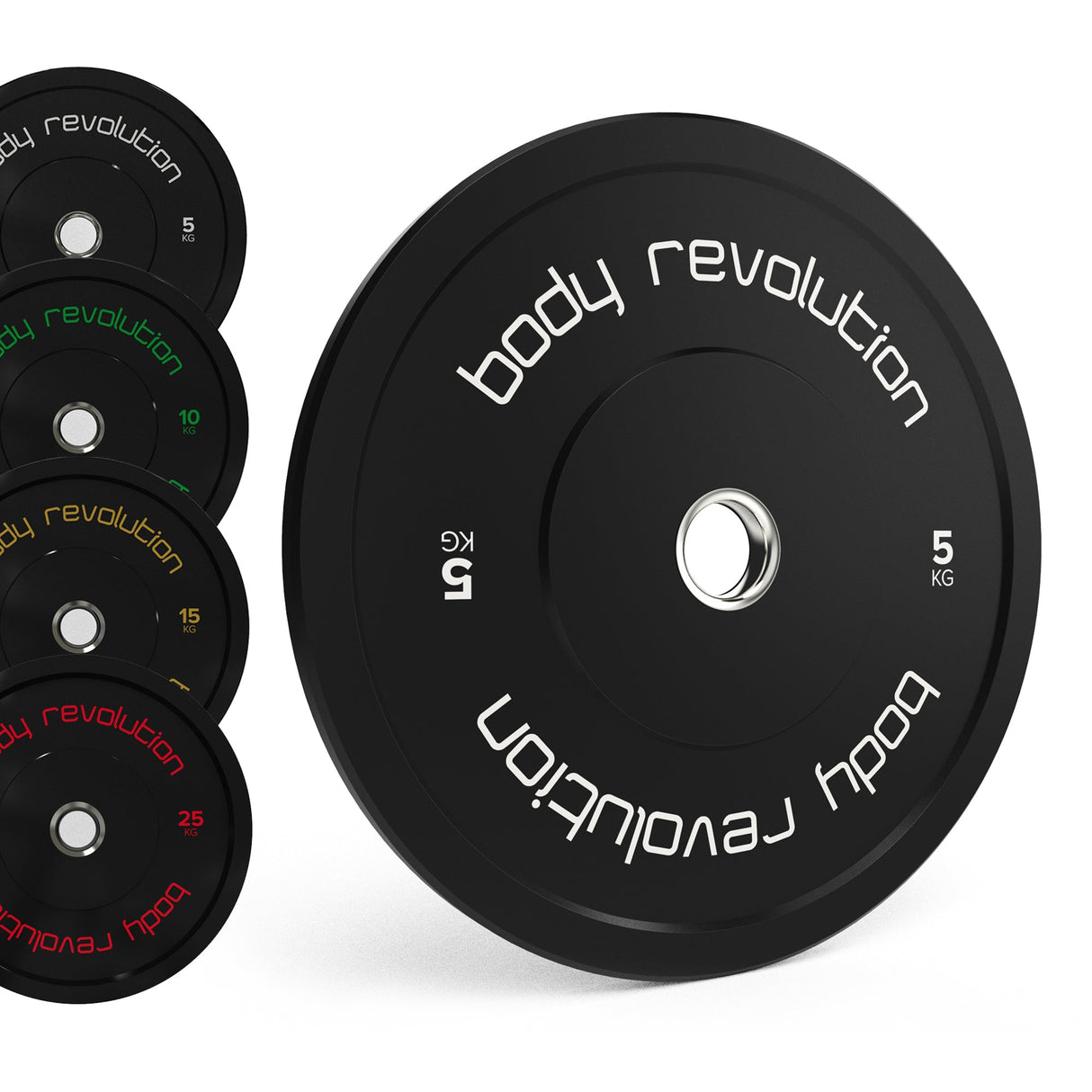 Schwarzes Bumper-Scheiben Set von Body Revolution mit verschiedenen Gewichten, darunter 5 kg, 10 kg, 15 kg und 25 kg, ideal für Krafttraining