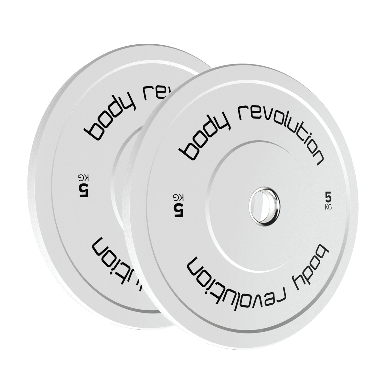 Zwei 5 kg olympische Bumper Plates in Weiß mit schwarzem Schriftzug "Body Revolution", ideal für Krafttraining und Fitnessübungen